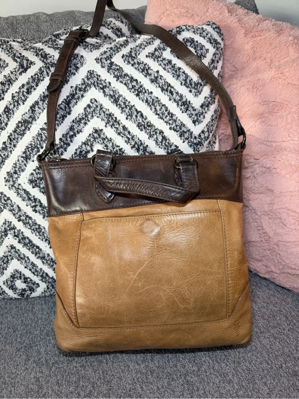Vintage Frye Two-Tone Tan and Dark Brown Leather Crossbody Bag